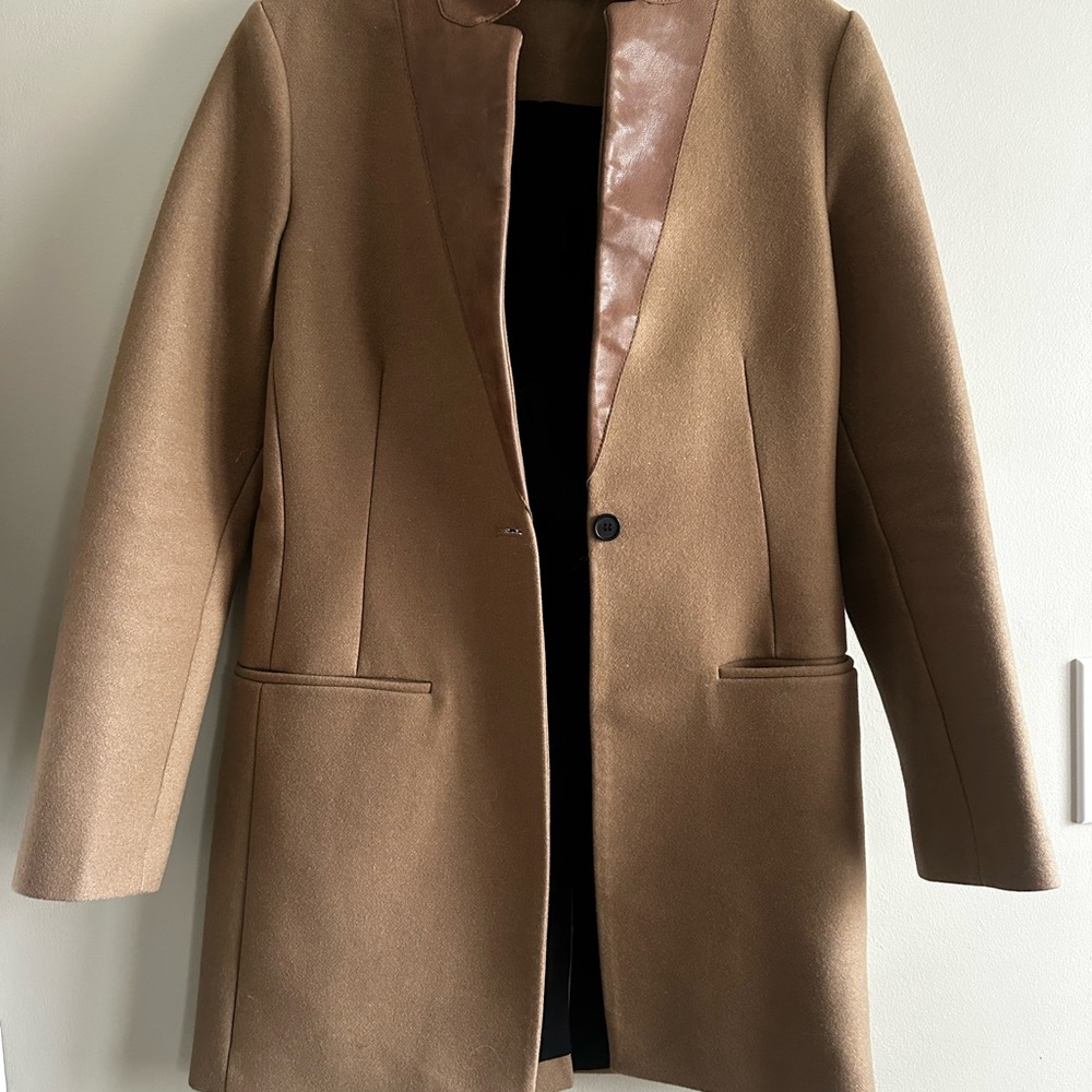 All Saints Irish Lorie wool coat, camel with leather collar/trim - Picture 10 of 16